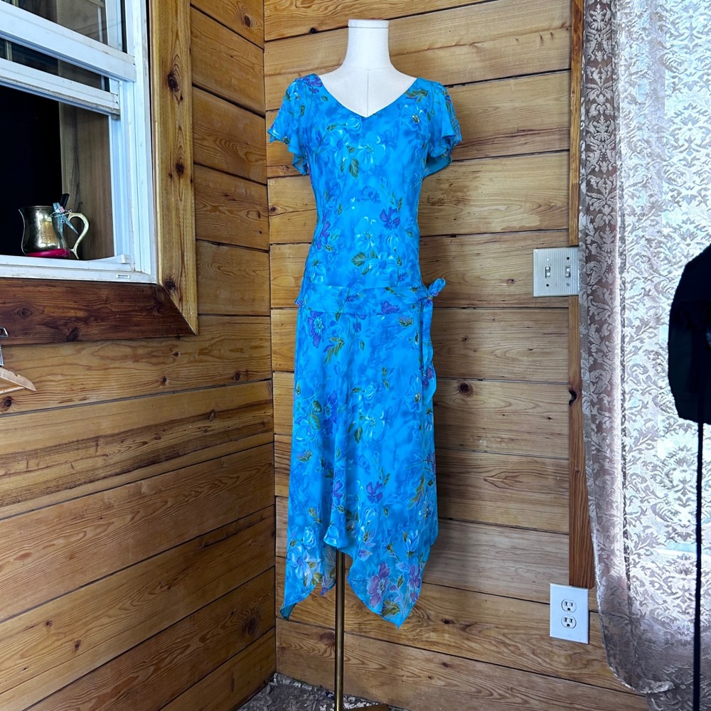 Vintage Floral Chiffon Midi Dress Women Size 10 Blue Handkerchief Hem Studio I